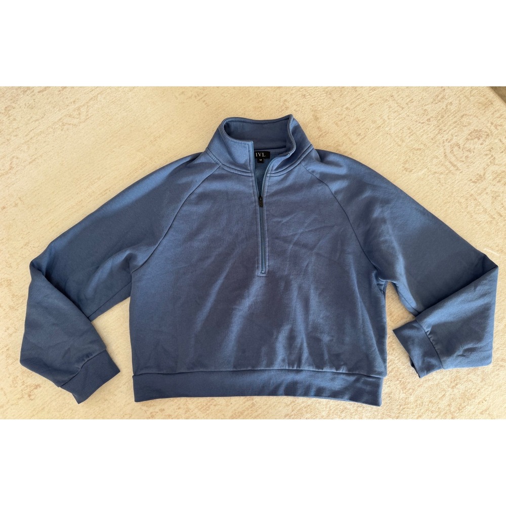 IVL Collective Womens Quarter Zip Fleece Sweatshirt Blue Mock Neck Cropped M